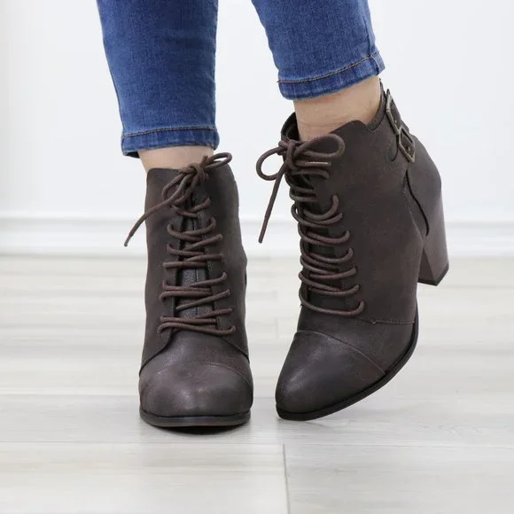 Lace-Up Brown Block Cone High Heeled Ankle Boots Pointed Toe - Picture 7 of 10